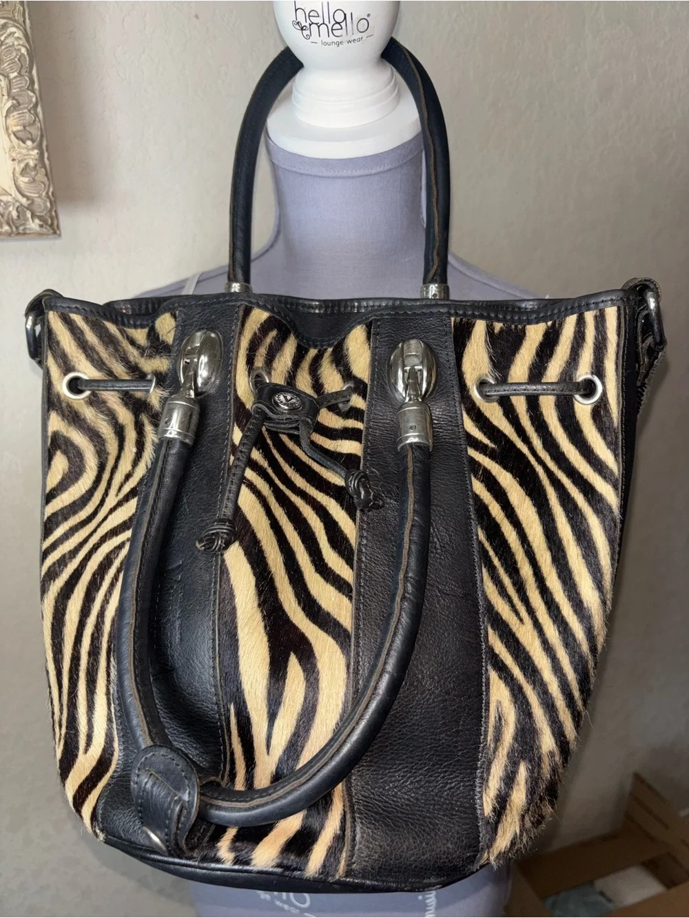 Valentina Black & Cream Zebra-Print Drawstring Bucket bag with Leather Trim